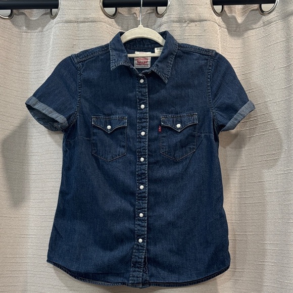 Levi's Tops - Levi's Strauss Classic Fit Short Sleeve Dark Blue Denim Shirt Size XS